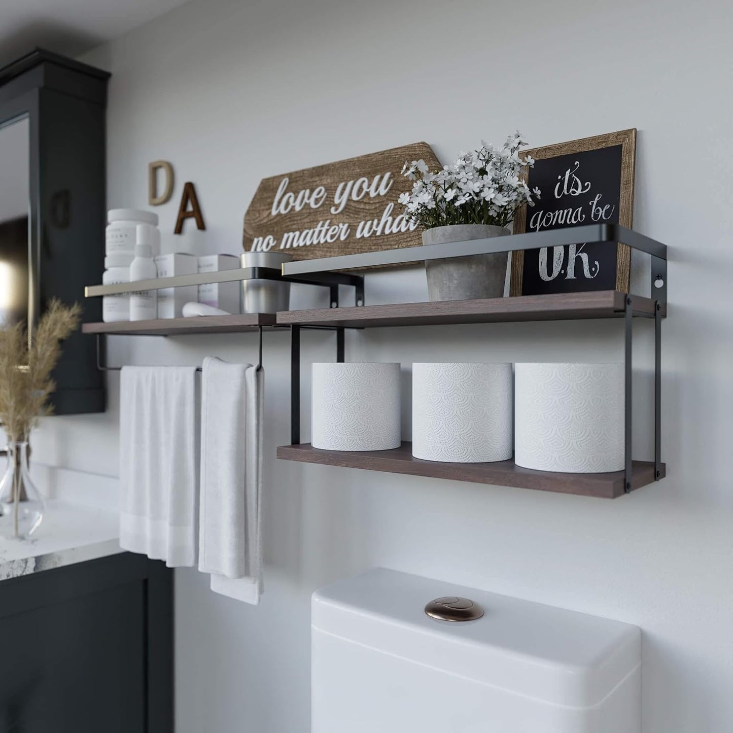RICHER HOUSE 2+1 Tier Wall Mounted Floating Shelves Set of 2, Rustic Wood Shelf with Metal Frame, Extra Storage Rack