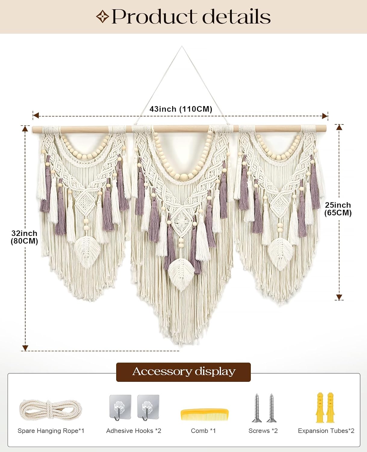 Boho Wall Tapestry / 32"L x 43"W / Leaf&bead / 43 x 32