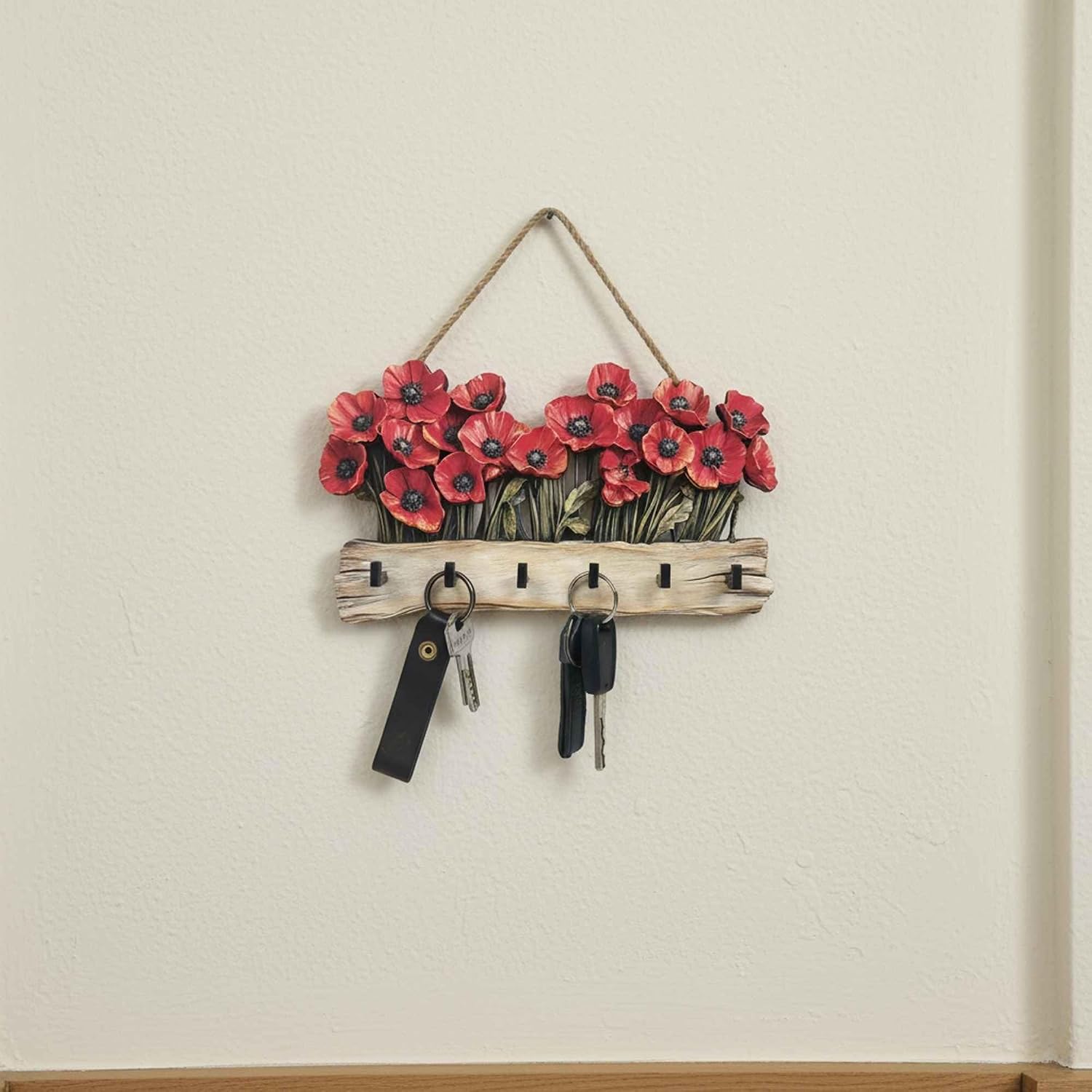 Wooden Key Holder / Rustic Poppy Flower Key Rack