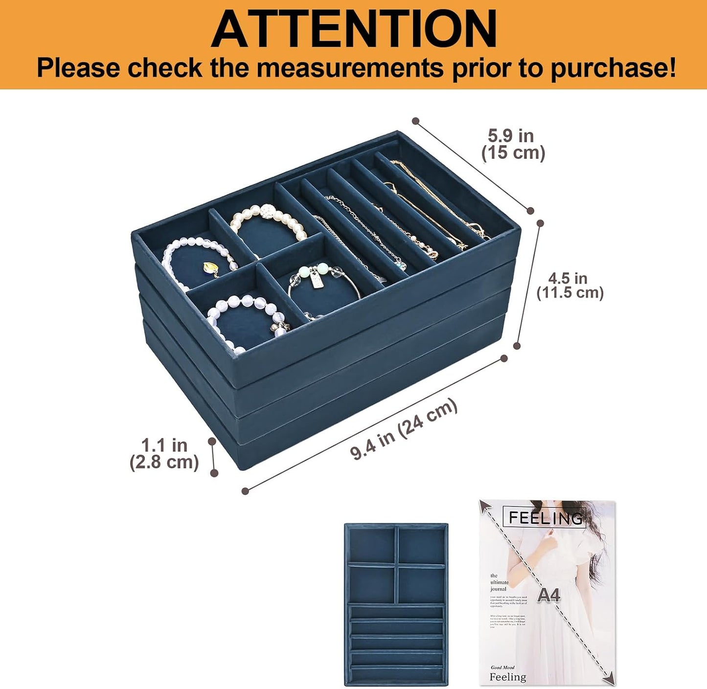 Stackable Jewelry Organizer Trays for Drawers / 4 Layers / Darkblue