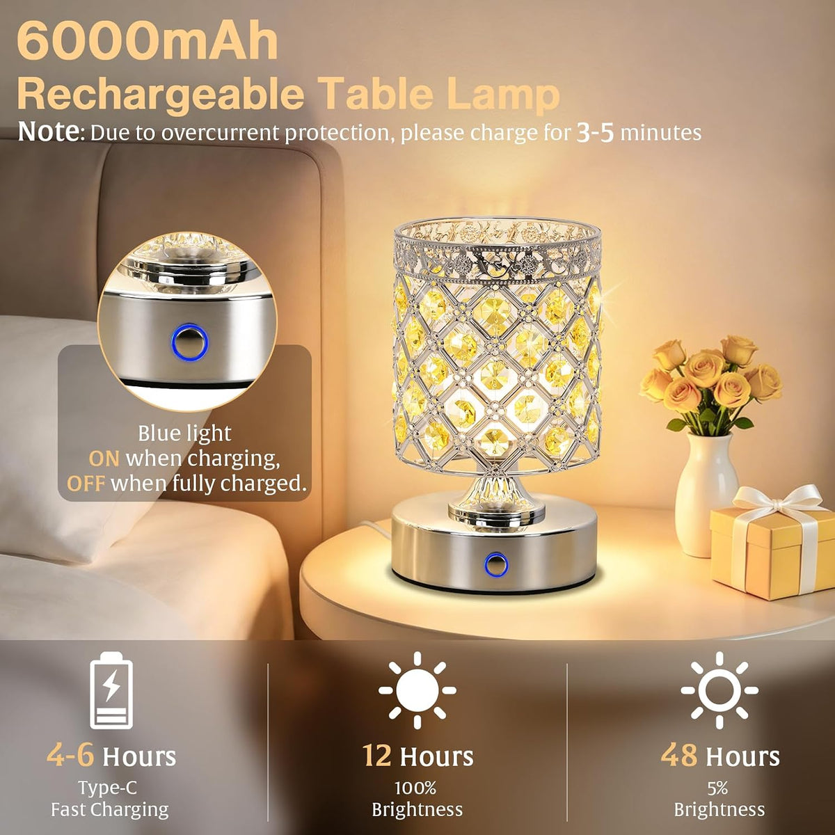 Yellow Crystal Rechargeable Cordless Table Lamp, Touch Small Desk Lamp | 6000mAh Battery, 3 Color Temps, Stepless