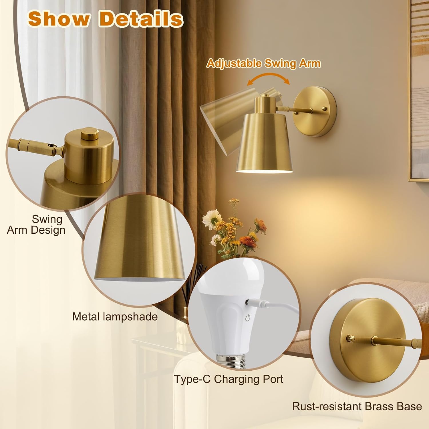 Gold Battery Operated Wall Sconces Set of Two with Remote, Rechargeable Battery Powered Wall Lights, 3 Color