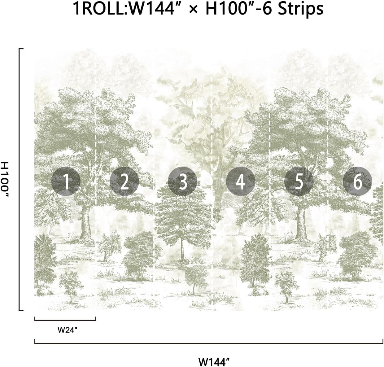 Vintage Forest Wall Murals Peel and Stick 144" W x 100" H Canvas Waterproof / Sage Green / 144 x 100