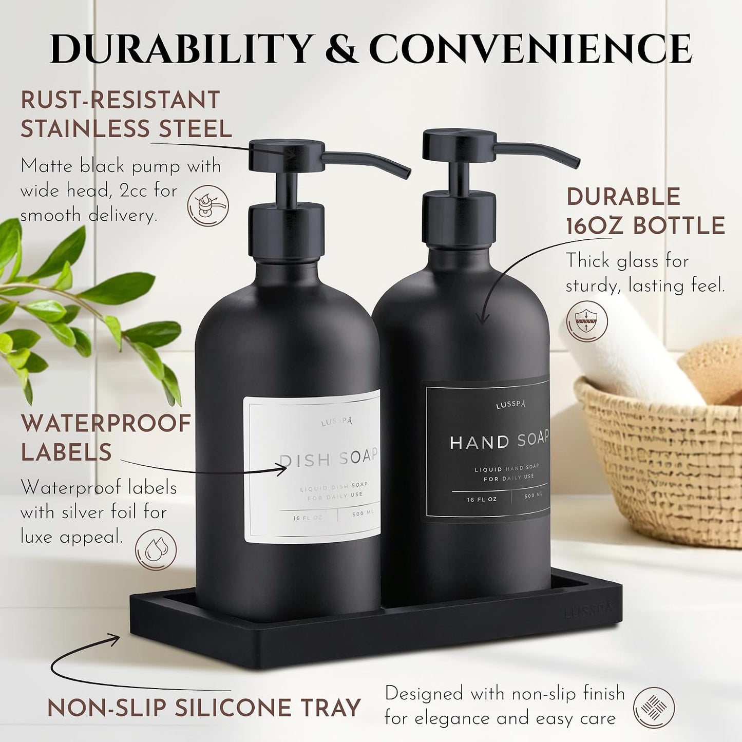 Glass Soap Dispenser Set of 2 (Black) with Silicone Tray | Hand and Dish Soap Dispenser for Kitchen and Bathroom | 16.8