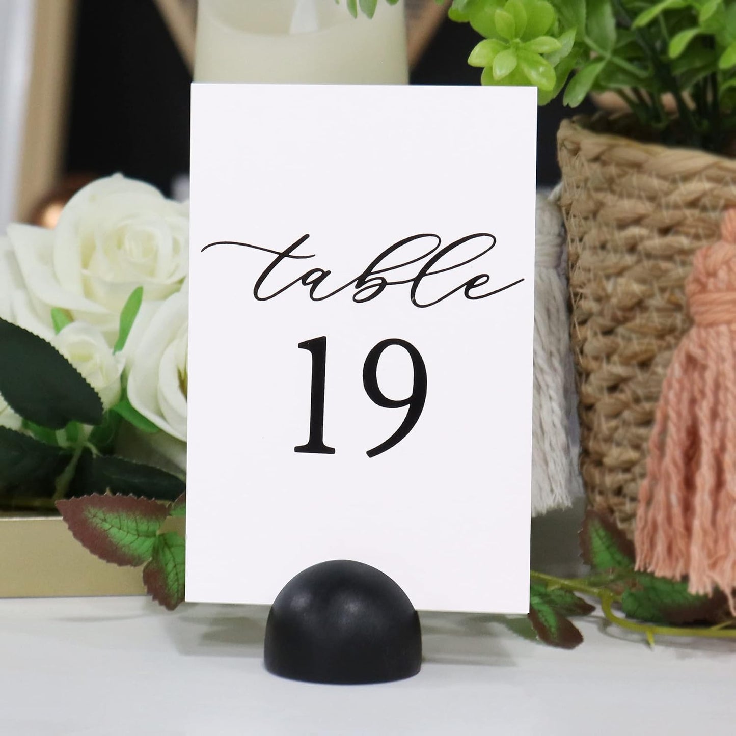 Hanna Roberts Modern Cursive Table Number Card Stock Signs with Round Stand for Wedding Reception, Restaurant, Event
