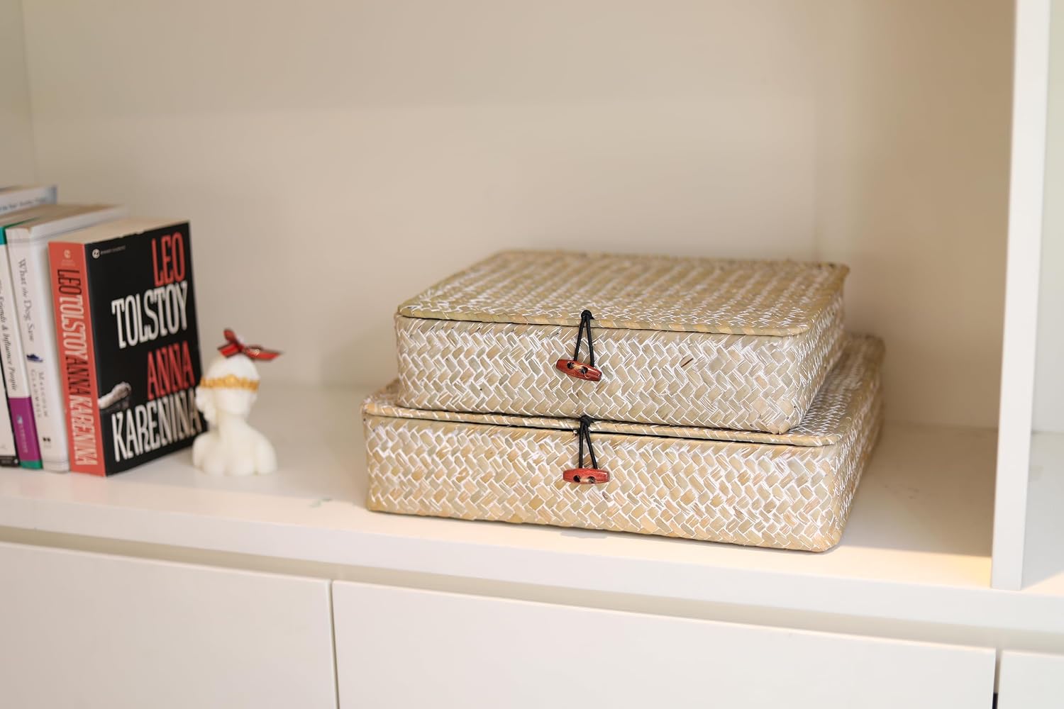 Wicker Basket / Flat Seagrass Storage Bins / Whitewash / Set of 2