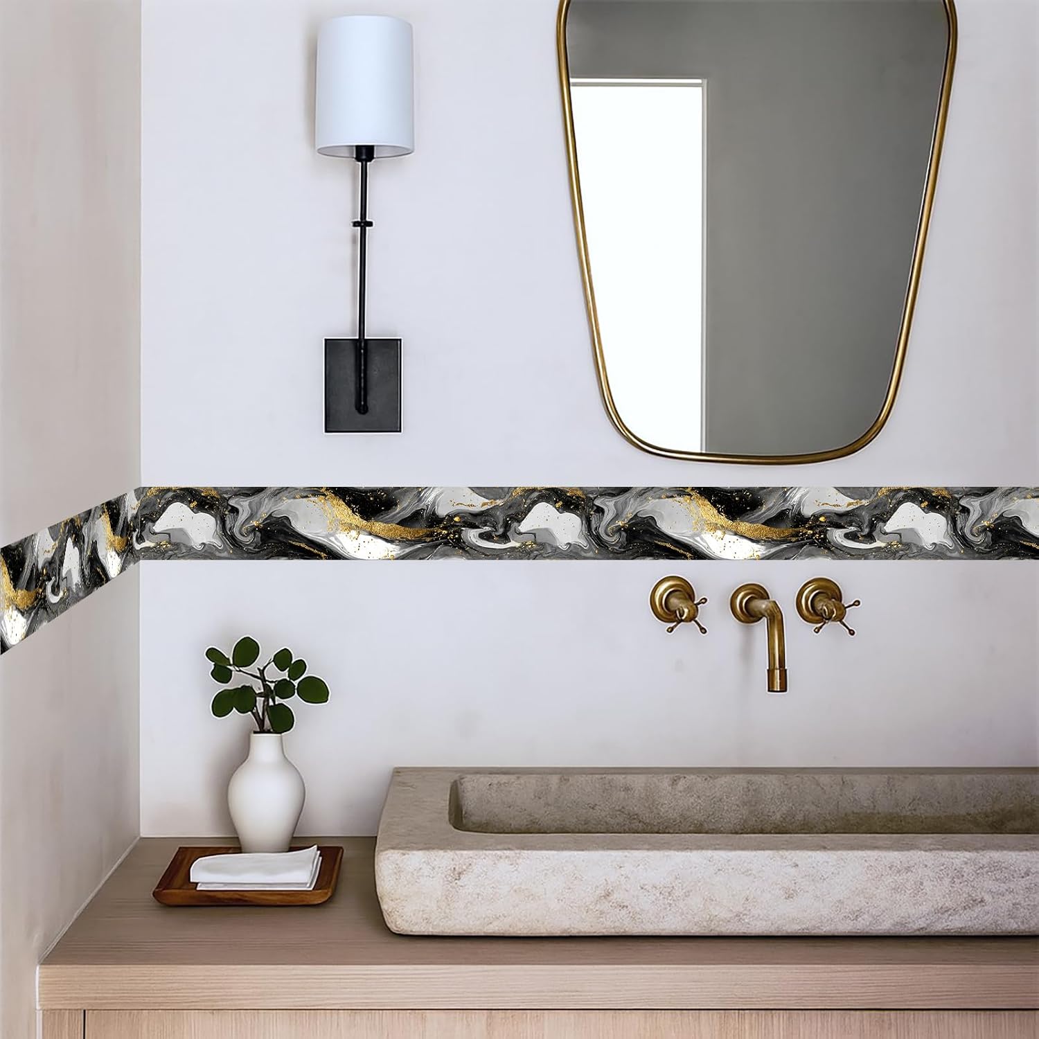 Wallpaper Border Peel and Stick Wall Border White Gold Pattern / Marble Wave / Black / 196 x 4