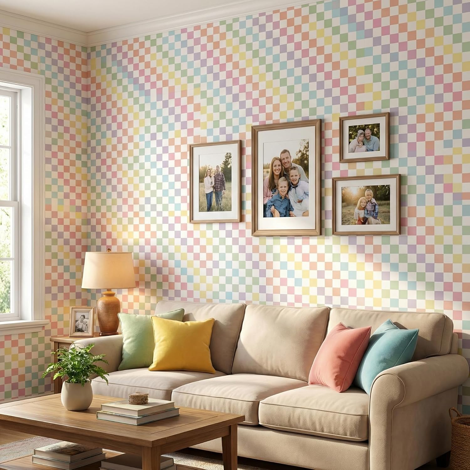 Checkers Wallpaper Peel Stick Contact Paper in Rainbow Checkered / Pastel / 15.8 x 118.1 / Checker