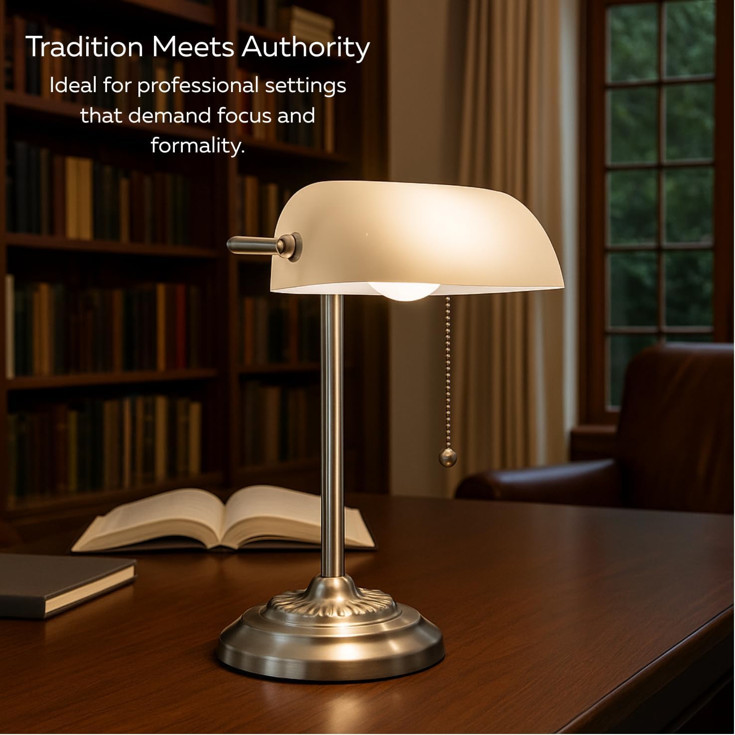 LIGHTACCENTS Bankers Desk Lamp with White Glass Shade, Nickel Finish - Traditional Desk Light for Home Office, Reading