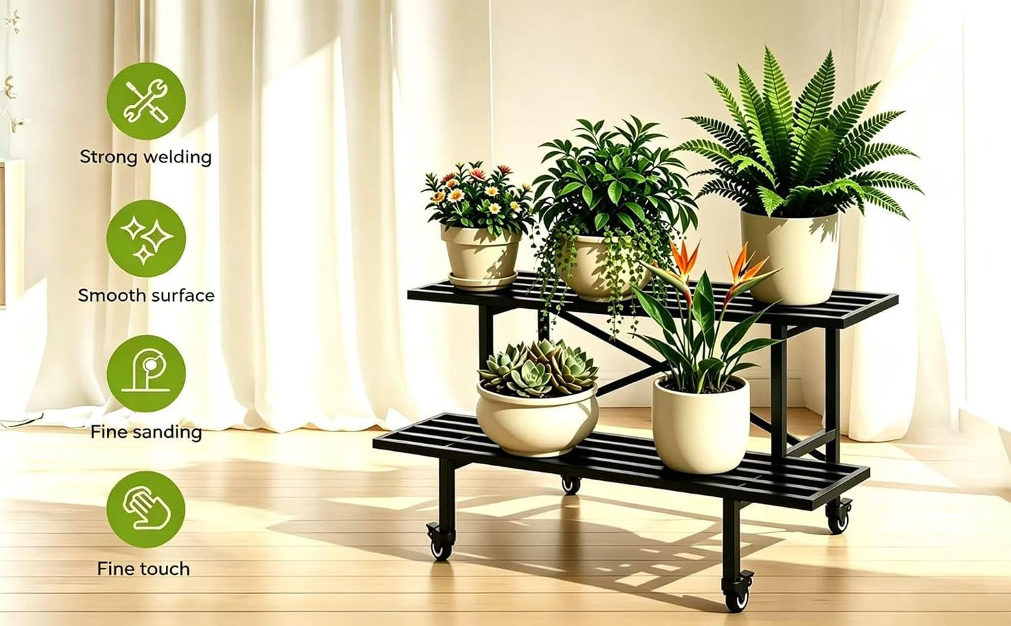 Zhongma 2 Tier Sturdy Metal Plant Stand with Wheels, L35.43 x W17.5 x H16.14 inch, Heavy Duty Plant Holder for Home