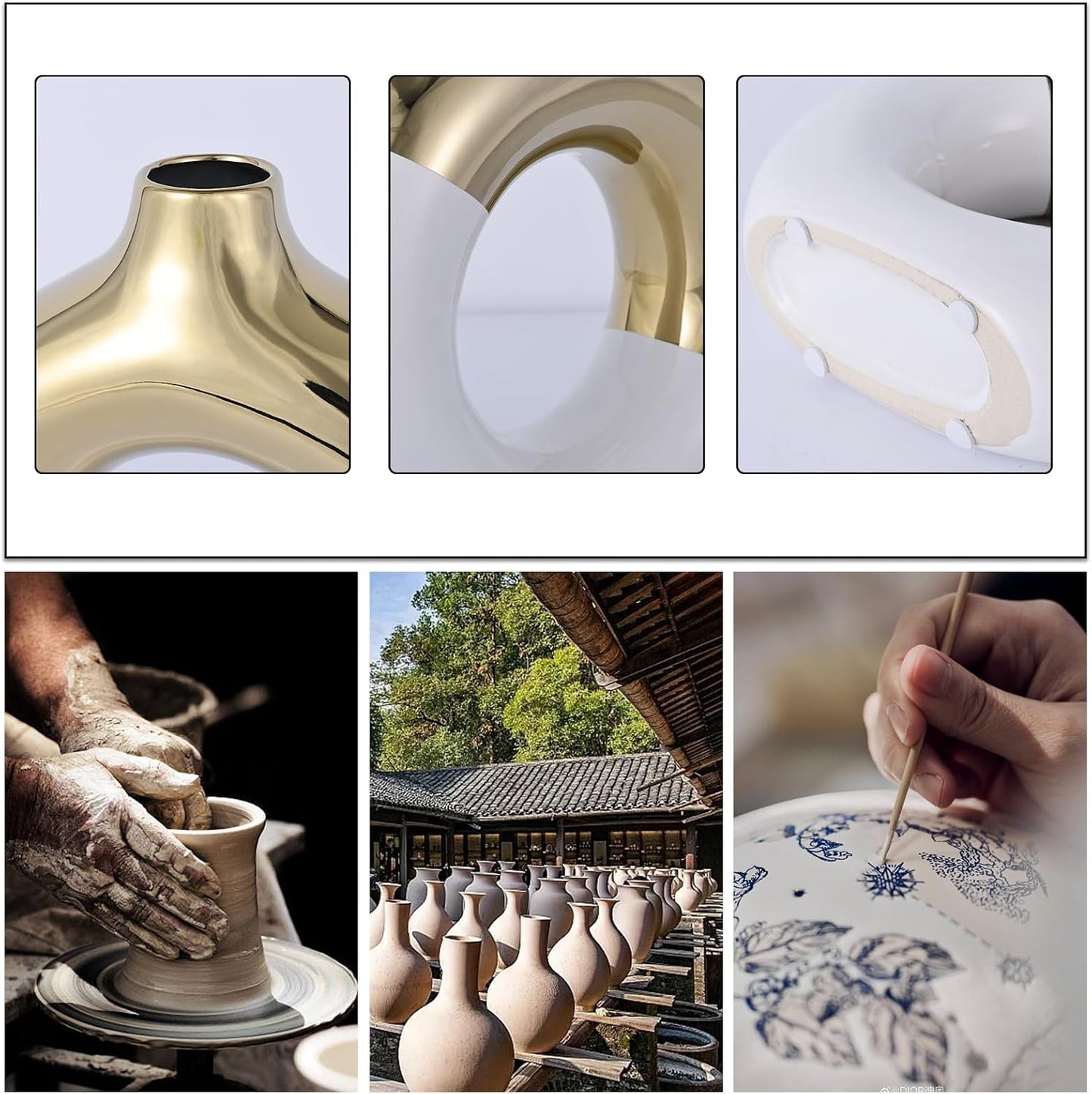 Modern Matte Ceramic Vases for Entryway Living / White and Gold / Set of 2