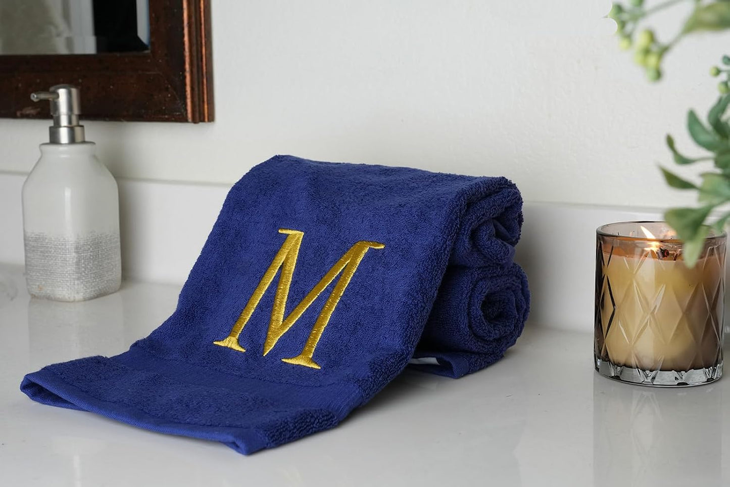 Navy with Gold Monogrammed Hand Towels for Bathroom - Set of 2 Letter M | Luxury Hotel Quality Initial Towels For