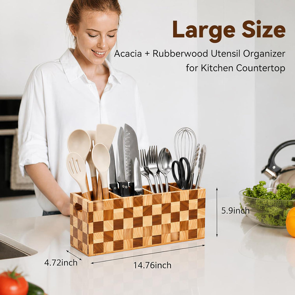 Wooden Utensil Holder, 4 Compartment Kitchen Countertop Organizer Crock | Acacia Wood Kitchen Utensil Holder with 3