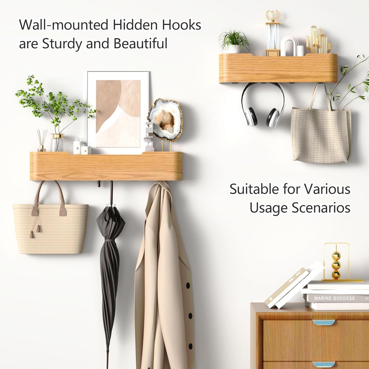 Coat Rack Wall Mount with Hidden Hooks Modern Key Holder Wood Entryway Hook with Shelf for Bedroom Kitchen Hallway