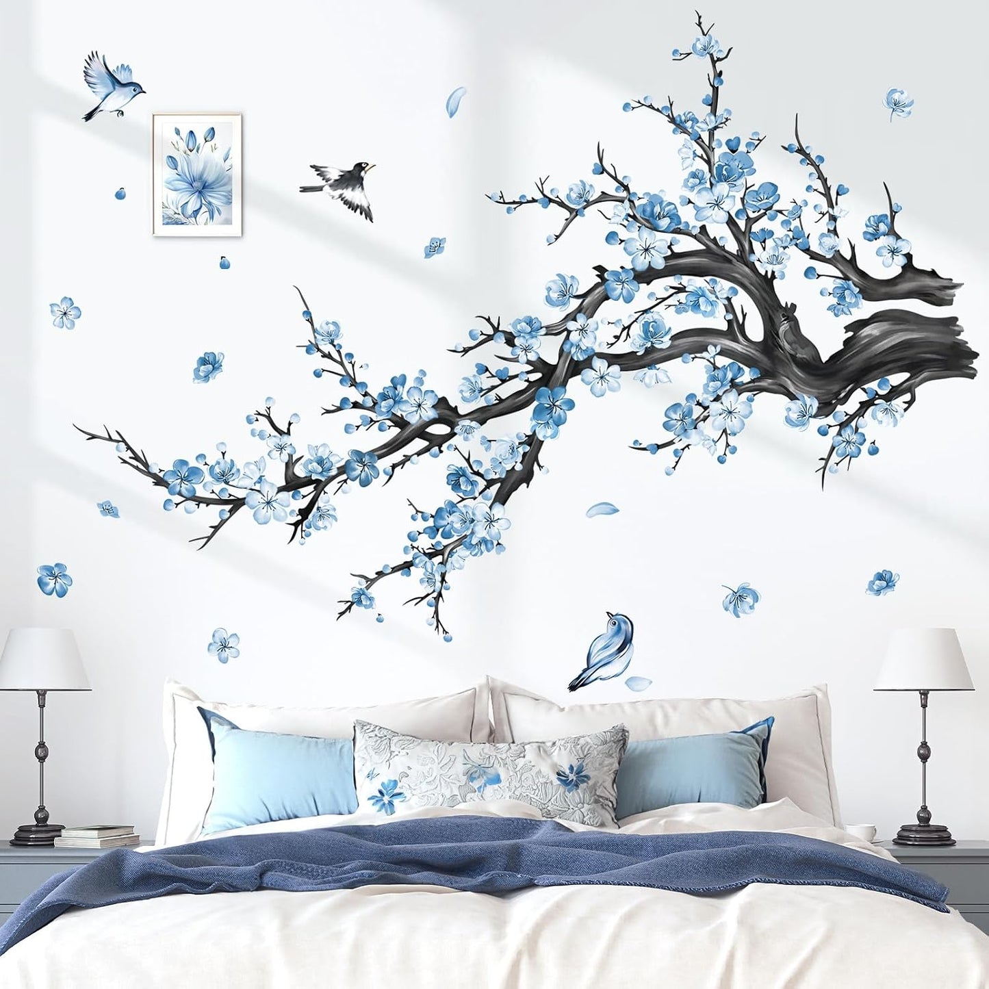 Branch Wall Decals Watercolor Blossom Floral Tree Branches Wall Stickers Living Room / Blue Flower