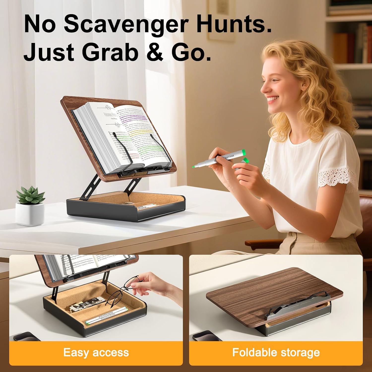 Book Stand with Storage, Book Holder for Reading Hands Free | Wooden Cookbook Stand for Kitchen Counter, Adjustable