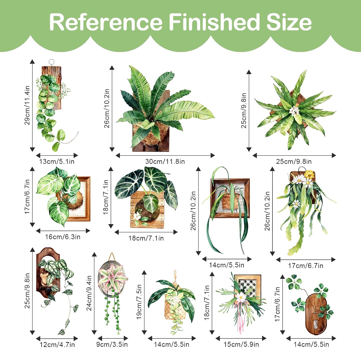 3D Plant Wall Decals Green Hanging Potted Plants Wall Stickers Peel and Stick / Green-potted Plants