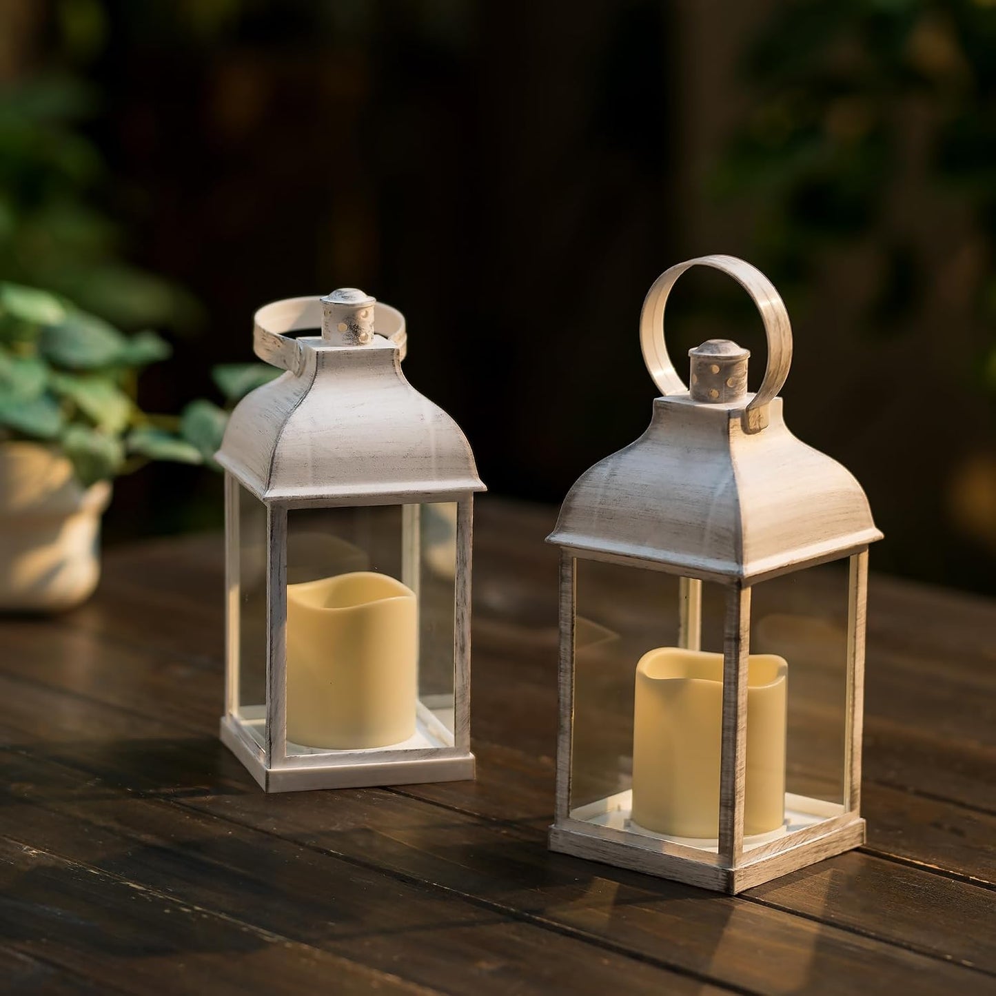 White Small Lanterns with LED Candles, Set of 6 Wedding Decor | Distressed Farmhouse Lanterns with Glass Panels
