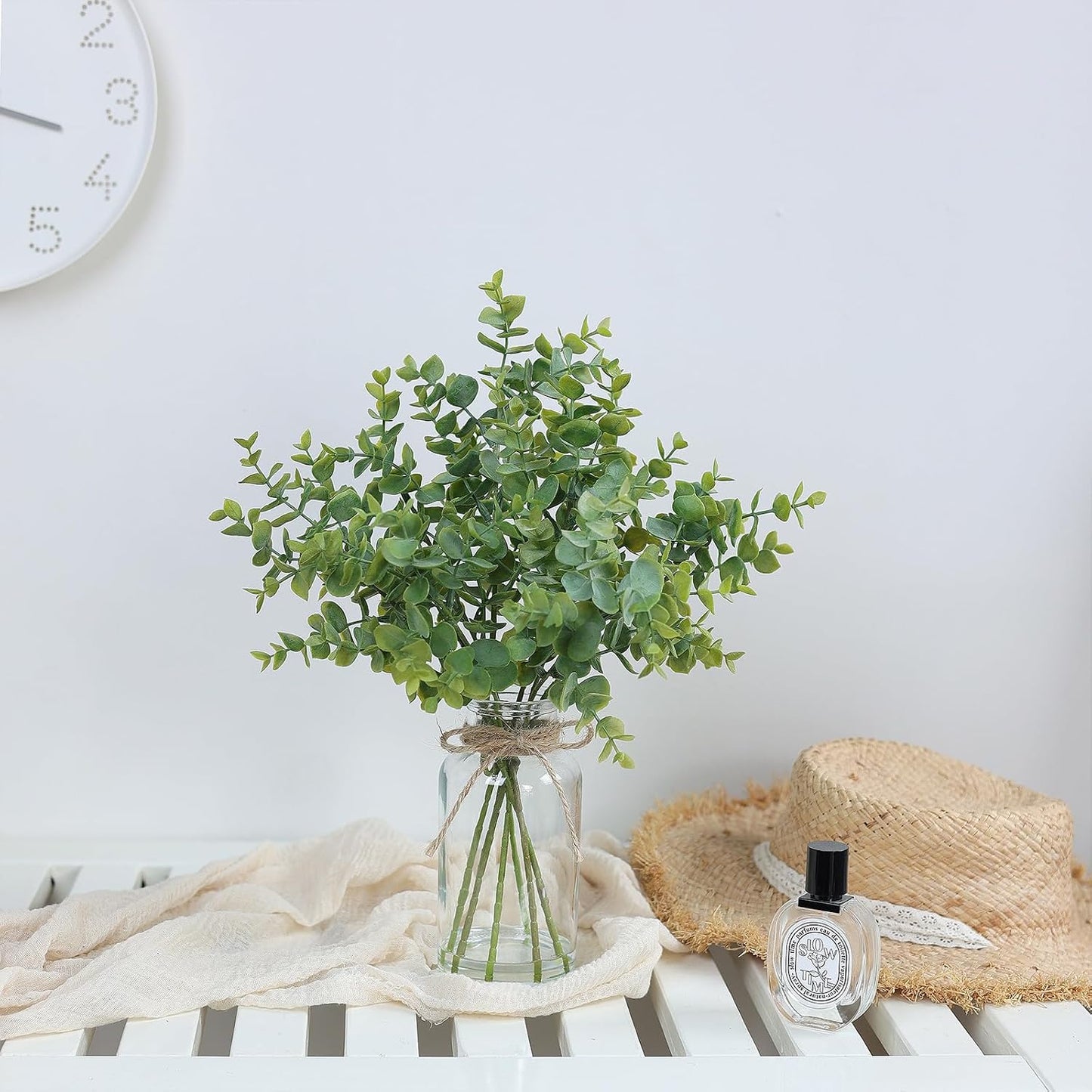 Fake Eucalyptus Stems in Glass Vase