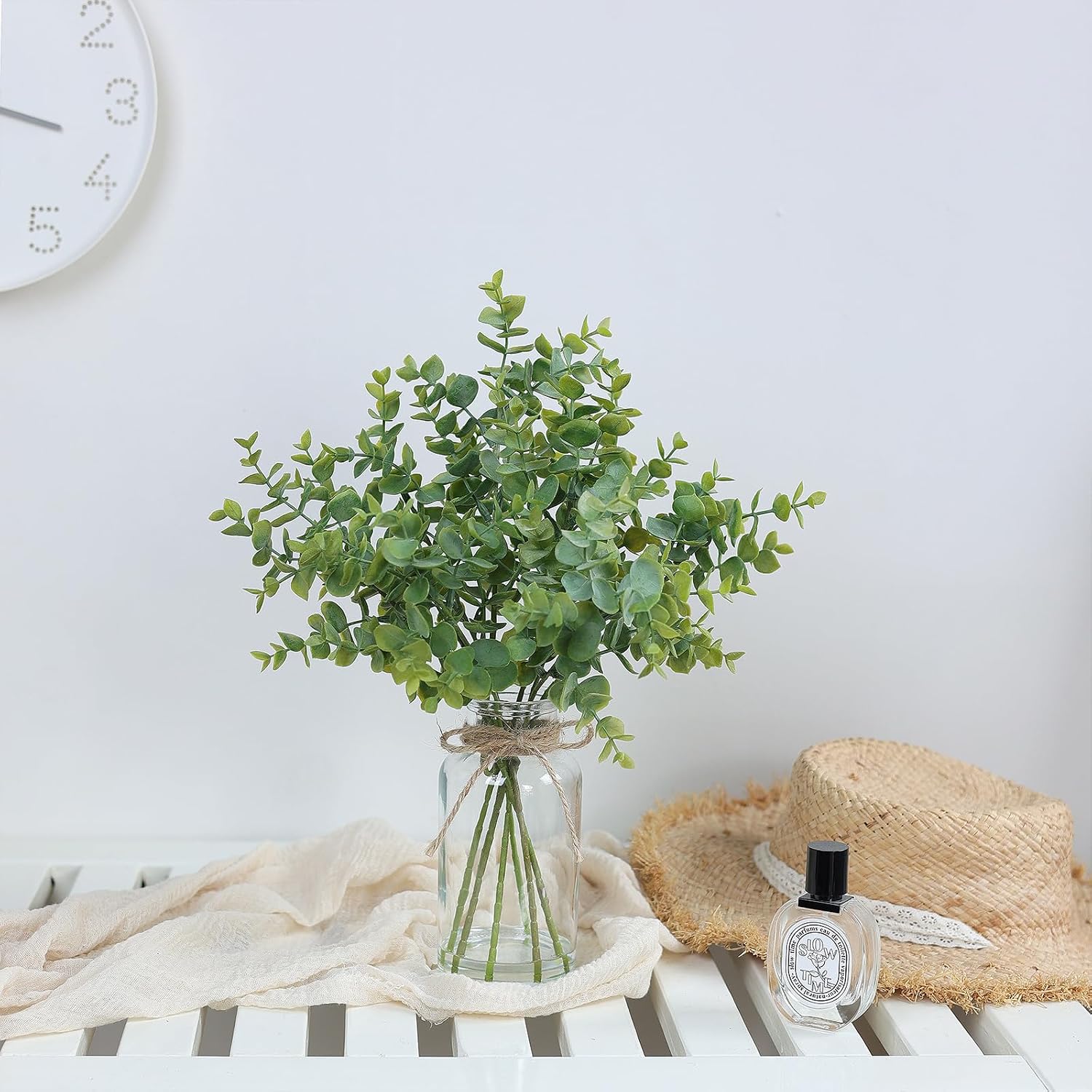 Fake Eucalyptus Stems in Glass Vase