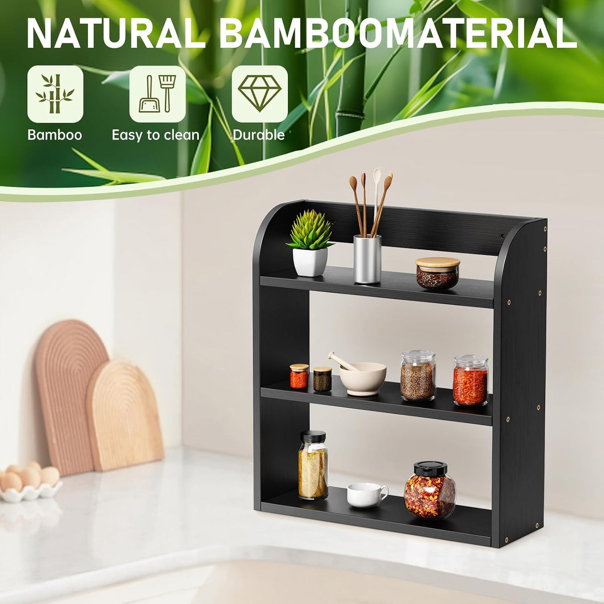 ROMGUAR CRAFT 3 Tier Bamboo Spice Rack, Countertop or Wall Mounting Wood Spice Jars Organizer Shelf for Kitche, Pantry