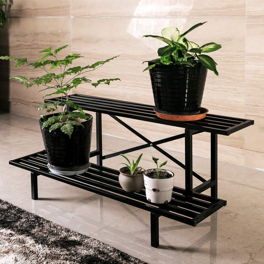 Zhongma 2 Tier Sturdy Metal Plant Stand Heavy Duty Plant Holder for Home Indoor and Outdoor, L35.43 x W17.5 x H14 inch