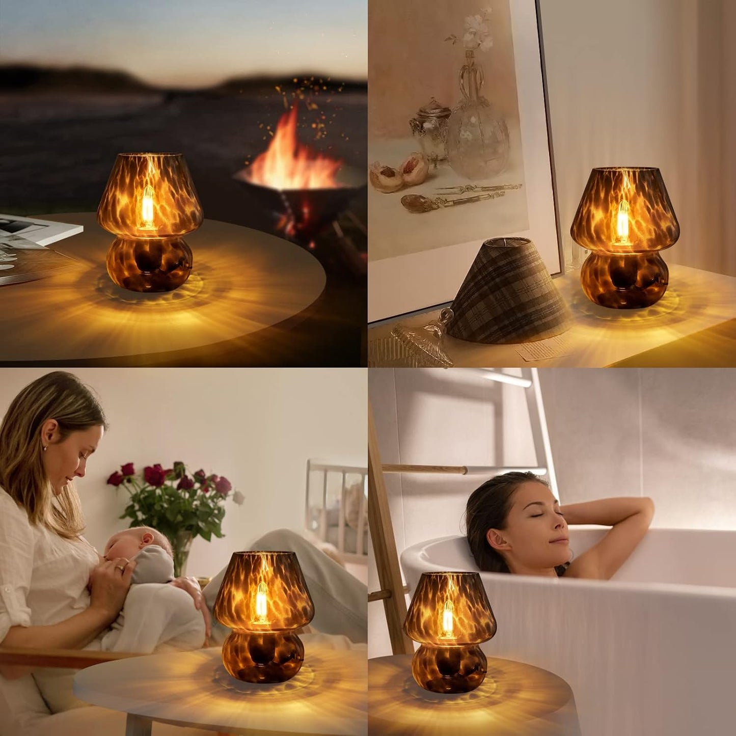 ONEWISH Mushroom Lamp Small Vintage Table Lamp for Bedroom Nightstand, Bedside Lamp Translucent Glass Stepless