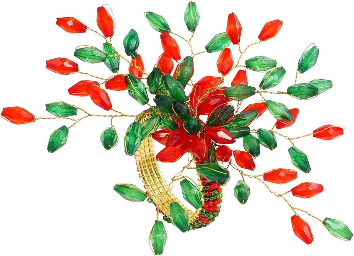 ITOS365 Handcrafted Beaded Napkin Rings Set of 12 – Red & Green Crystal Flower Design, Elegant Table Décor for
