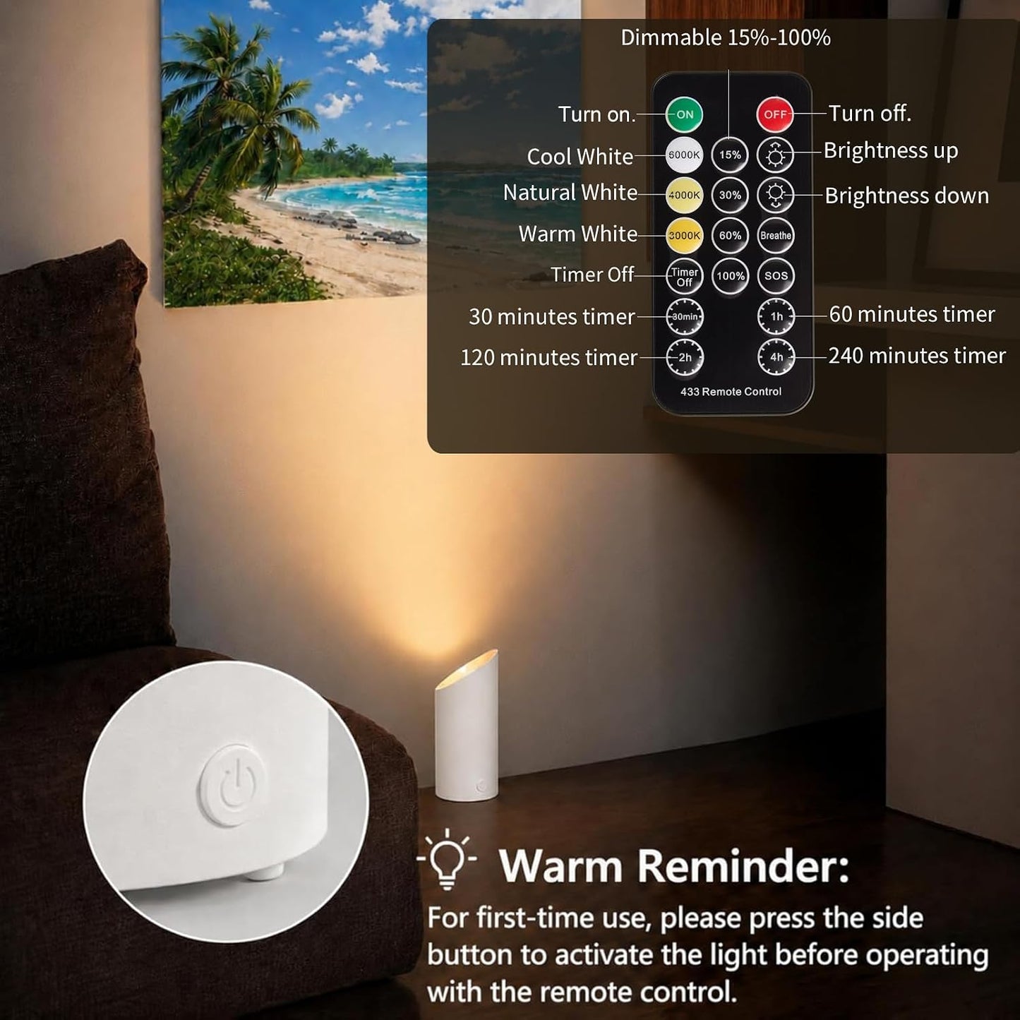 Powfloven 2 Pack Uplights Indoor Battery Operated, Wireless Uplighting | USB Charging, Remote, Timer, 3 Color