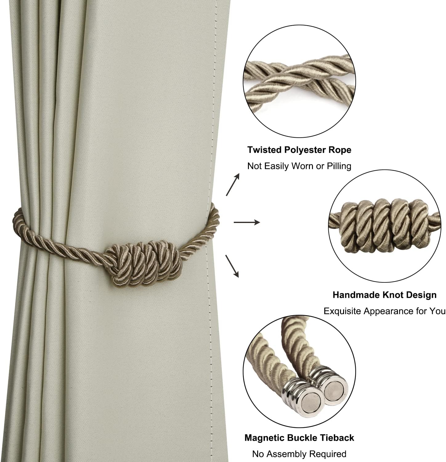 BEL AVENIR Magnetic Curtain Tiebacks 6 Pack Hand-Woven Curtain Ties | Flaxen Decorative Curtain Holdbacks Bohemian