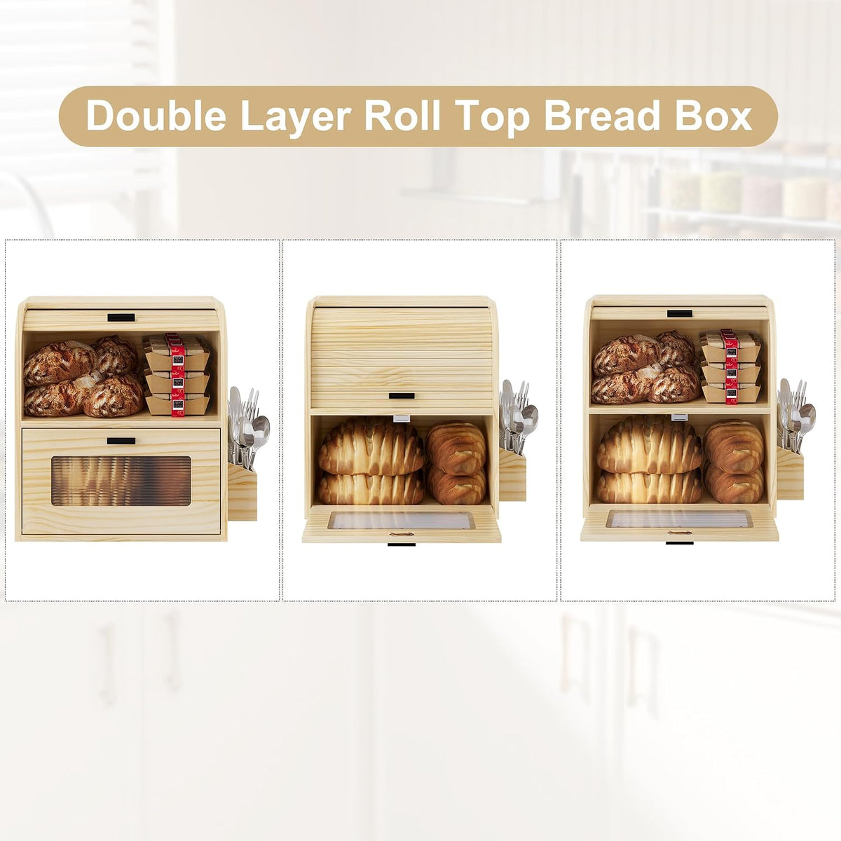 TQVAI Roll Top Bread Box for Kitchen Countertop, Keep Fresh Longer, Easy to Maintenance, Double Layer Vintage Wooden