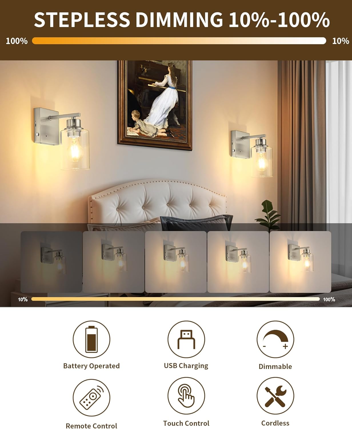 Rayogale Wireless Battery Operated Wall Sconce Set of 2 with Remote Control | Nickel Dimmable Rechargeable Wall Lights