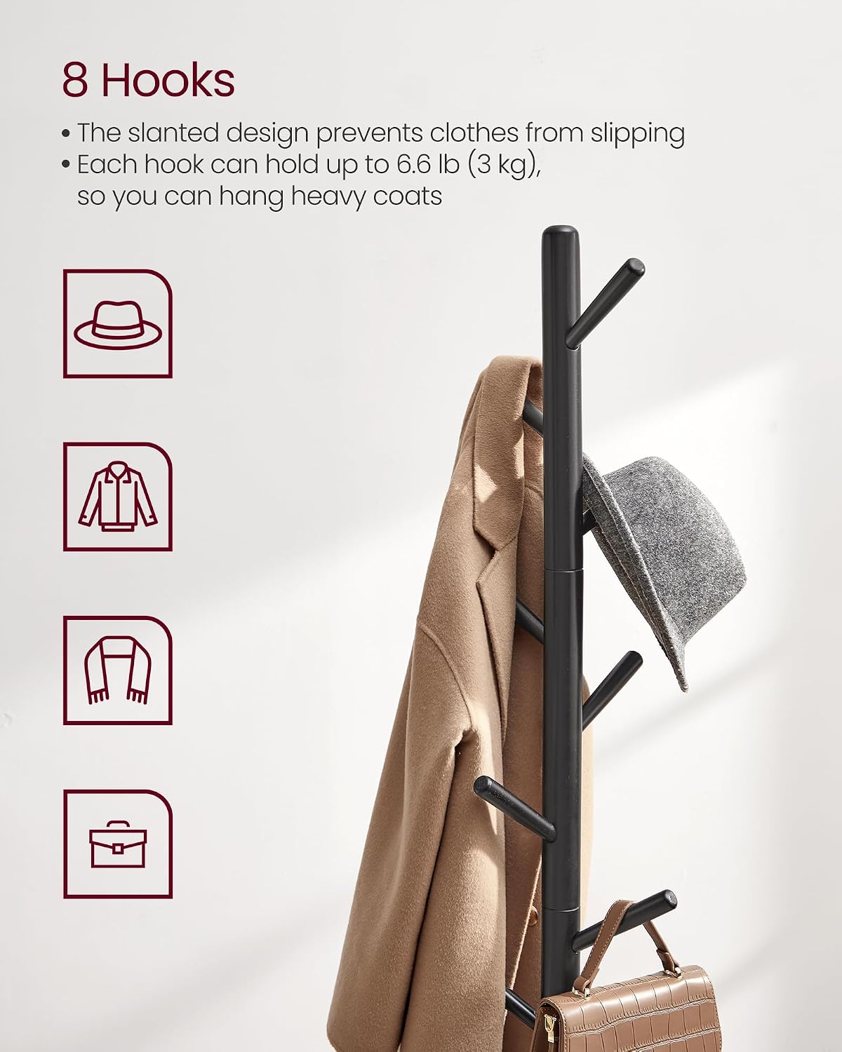 VASAGLE Solid Wood Coat Rack, Free Standing Tree-Shaped Coat Rack with 8 Hooks, 3 Height Options, for Clothes, Hats
