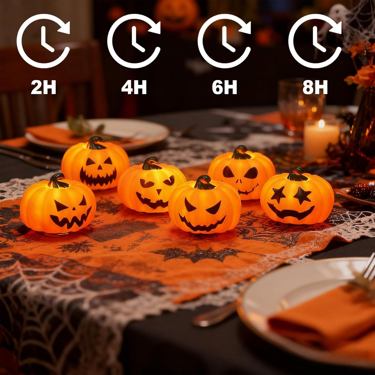 Wondise 6Pack Halloween Pumpkin Tea Lights with Remote and Timer | Battery Operated LED Orange Jack-O-Lantern Candles