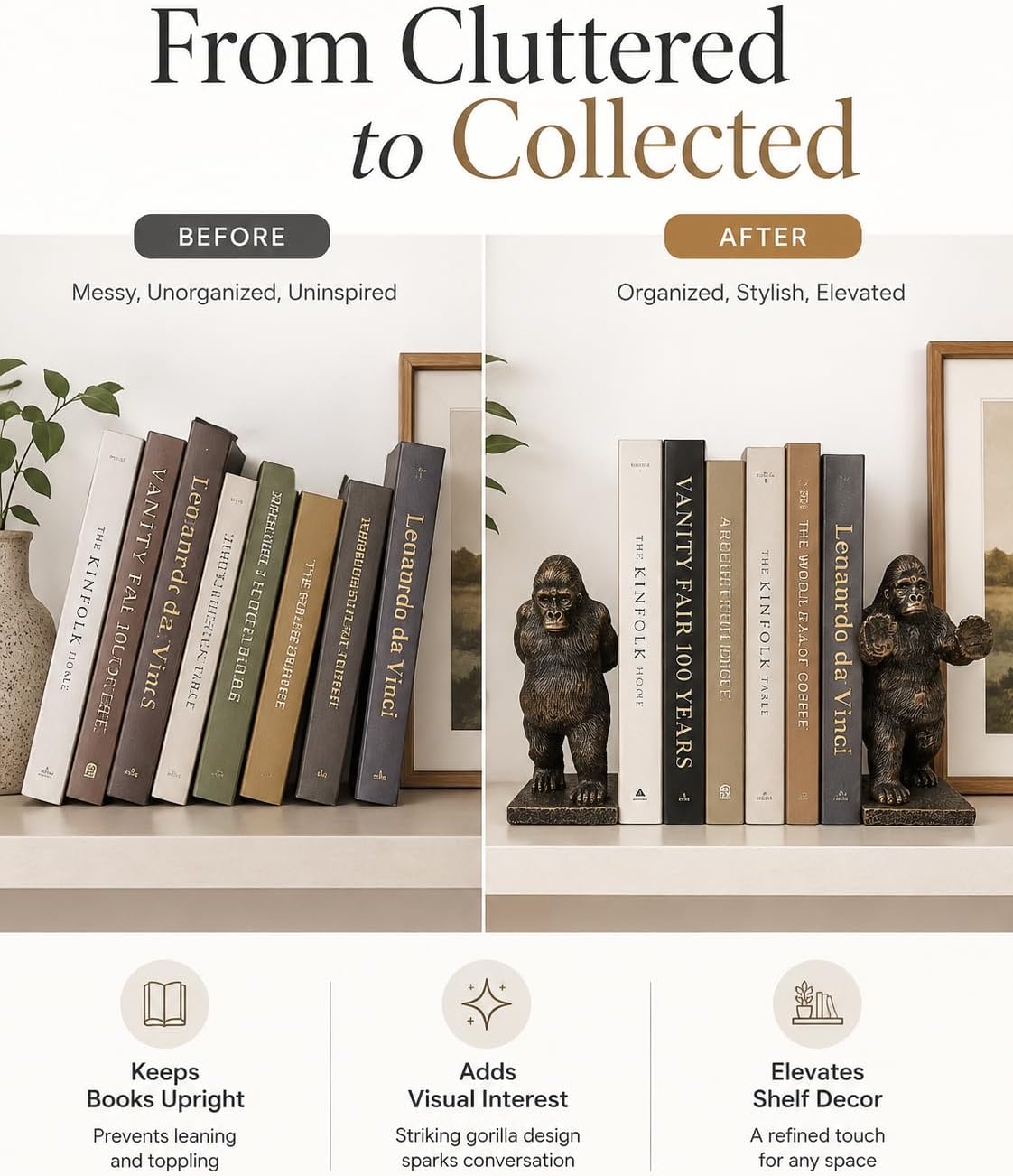 Resin Bookends / Realistic Heavy Animal Sculpture Decorative Book Ends / Gorilla / Bronze / Set of 2