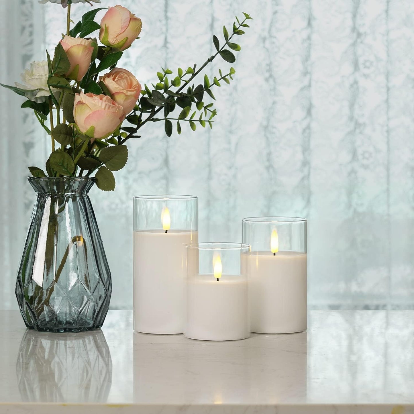 Homemory Pure White Glass Flameless Candles, Real Wax, Remote Timer, 3 Pack | D3"xH4"5"6", battery operated flickering