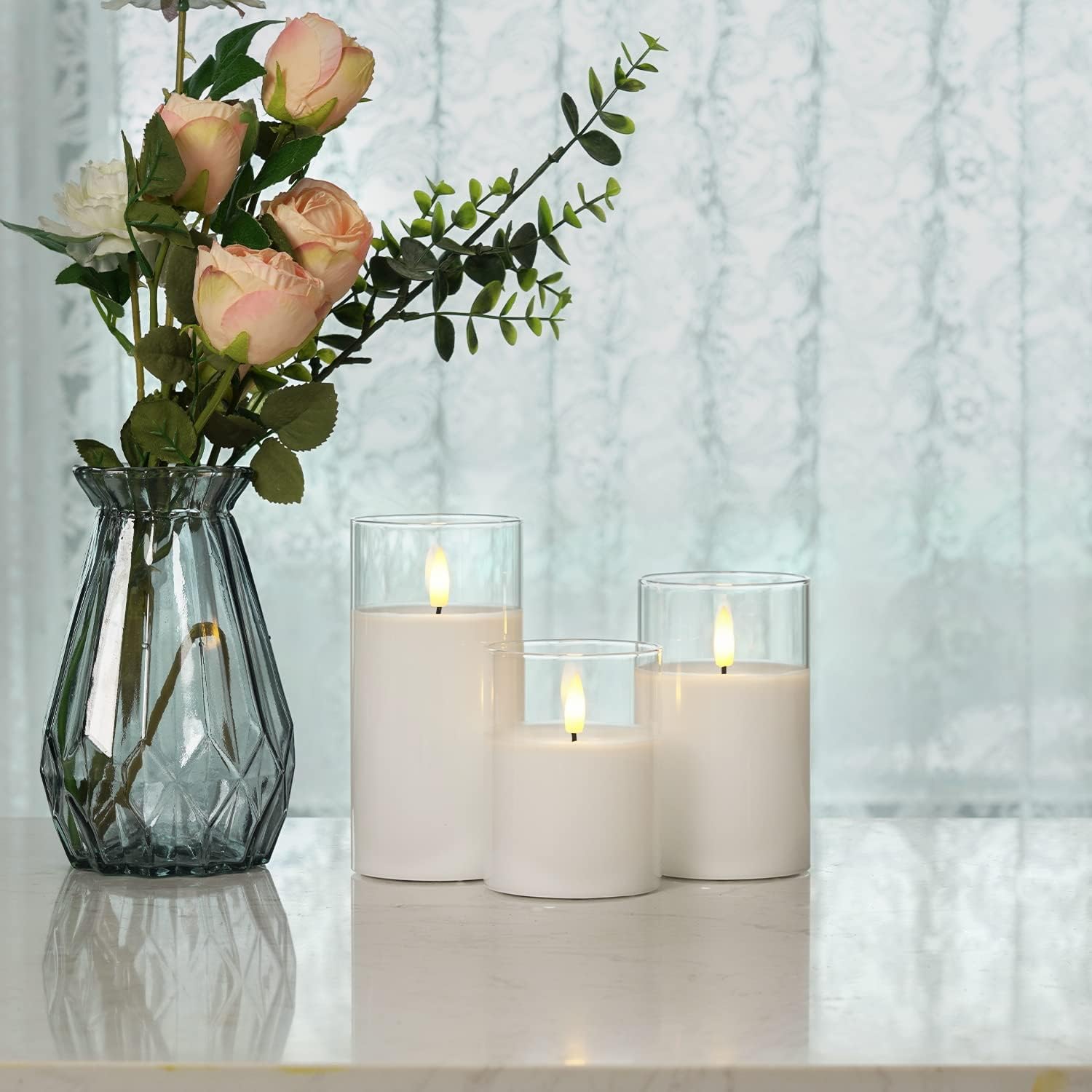 Homemory Pure White Glass Flameless Candles, Real Wax, Remote Timer, 3 Pack | D3"xH4"5"6", battery operated flickering