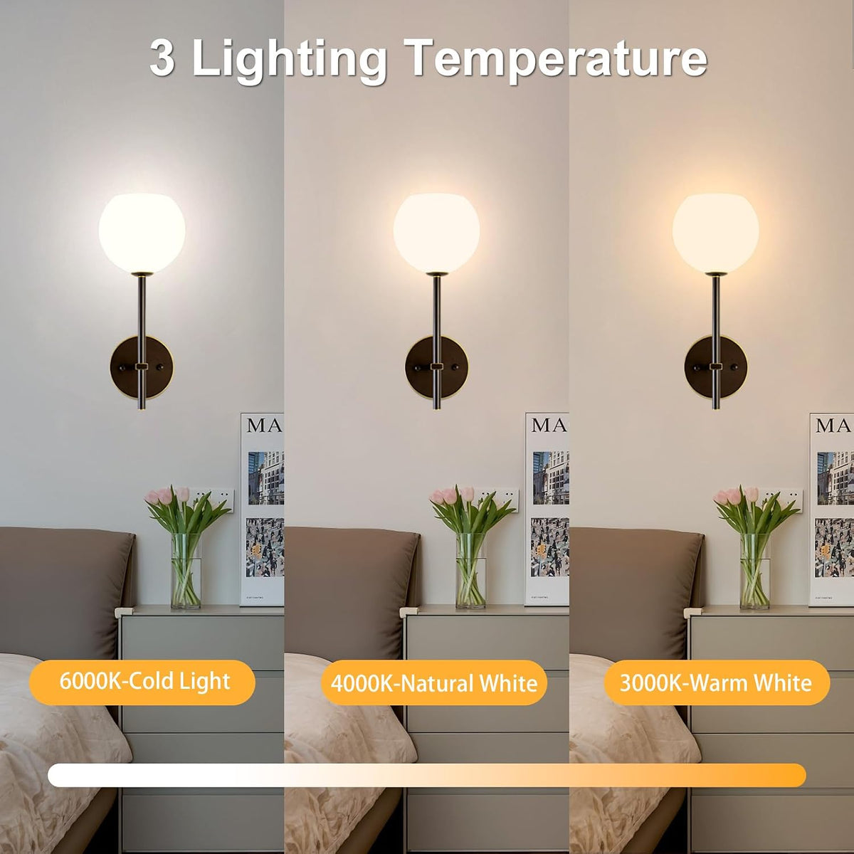 Brown Gold Battery Operated Wall Sconces Set of 2, Rechargeable Wireless Wall Lights with Milky White Frosted Glass, 12
