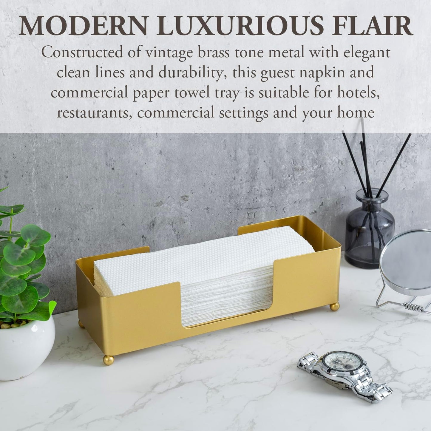 MyGift Brass Tone Metal Hand Towel Holder Countertop Dispenser Set of 2 | Fits Trifold C Fold Z Fold Towels, Countertop