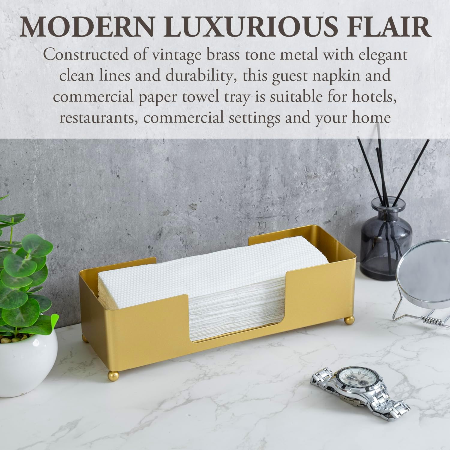MyGift Brass Tone Metal Hand Towel Holder Countertop Dispenser Set of 2 | Fits Trifold C Fold Z Fold Towels, Countertop