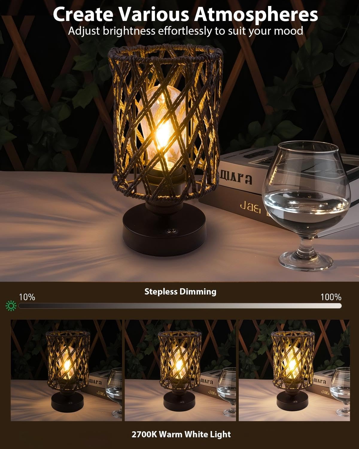 Cordless Outdoor Table Lamps, Small Rattan Boho, Rechargeable Battery Operated for Outdoor Patio, Home, Living Room