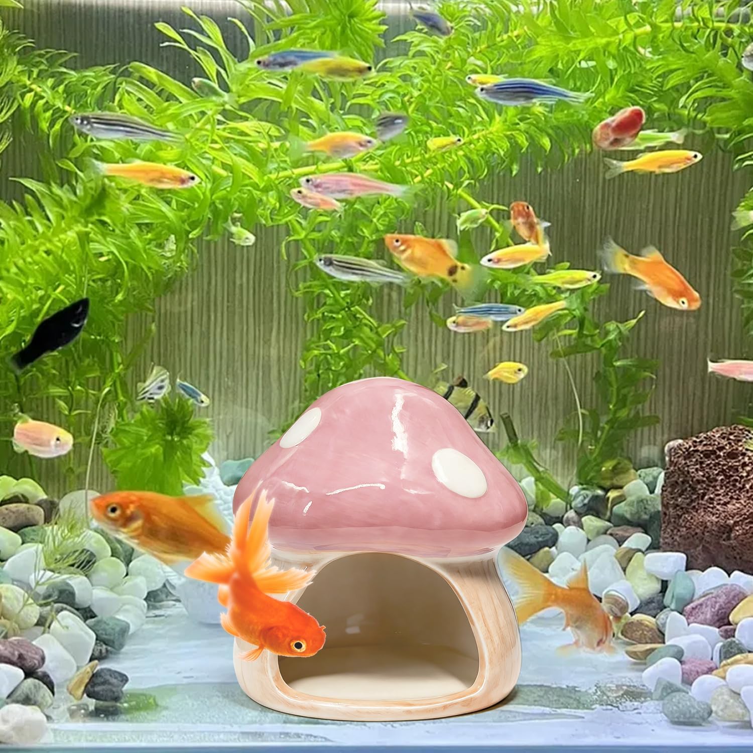 4.33'' x 4.33'' Ceramic Mushroom House Aquarium Decor / Pink