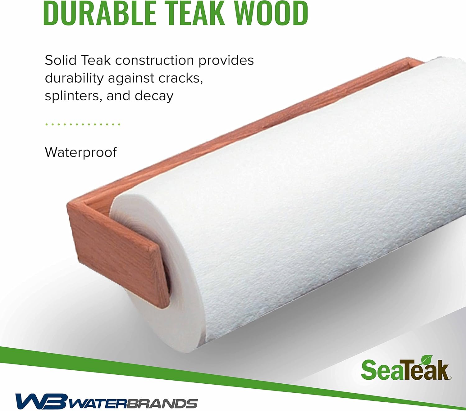 Wooden Paper Towel Holder, 12"x 4.375", 100% Solid Teak Wood, Wall Mount, Spring-Loaded, Fits Standard & Jumbo Rolls