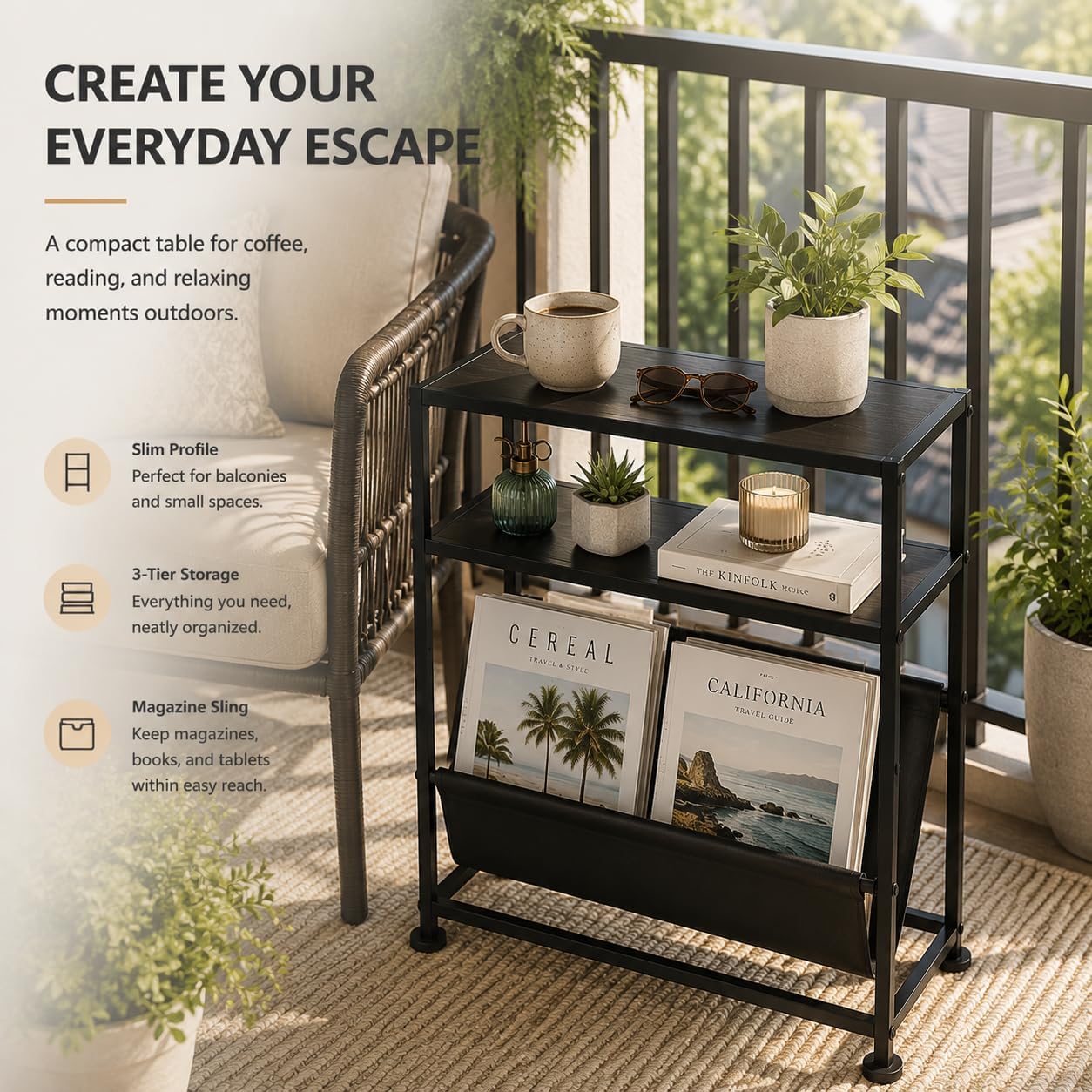 Narrow End Table for Small Spaces - Slim Side Table with Magazine Holder,2 in 1 Design Narrow Coffee Table Living