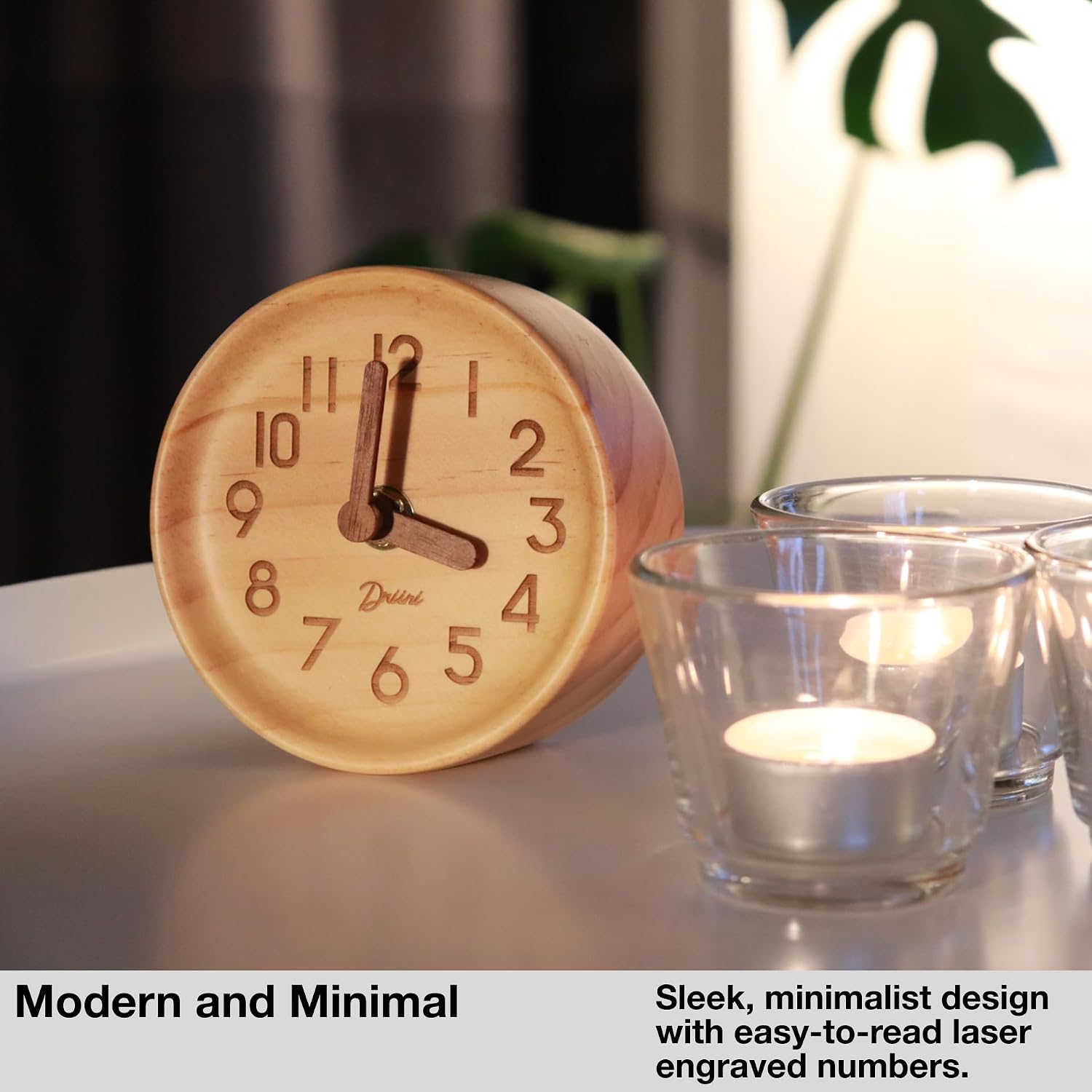Driini Wooden Analog Desktop Clock – 4.3 in. Decorative Pinewood, No-Tick Design – Easy to Read Silent Sweep Mantle