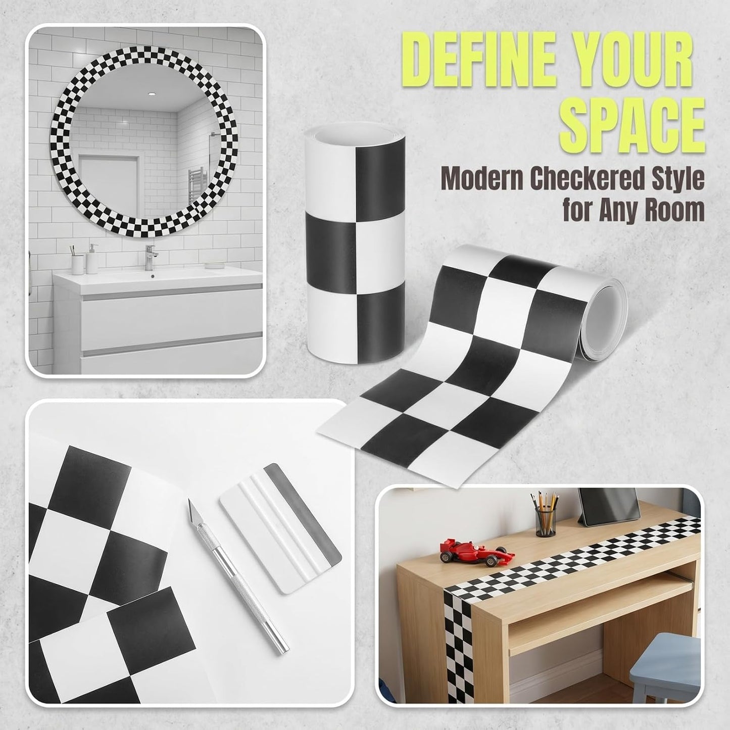 2 Rolls Checkered Peel and Stick Wallpaper Border White Checkered Wallpaper Self Adhesive / Black