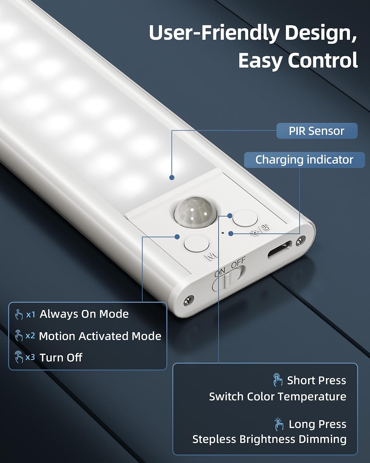 17" Under Cabinet Lights, Motion Sensor Light, Wireless Closet Lights, 3 Color Temps, 4000mAh Rechargeable, Magnetic