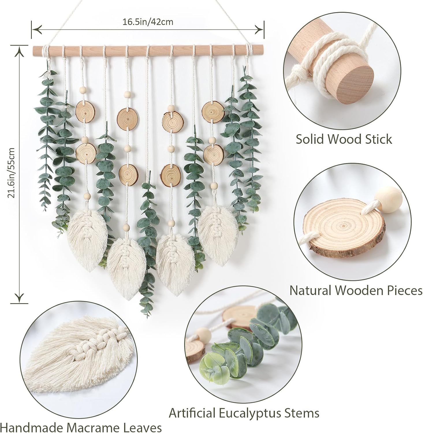 Fake Eucalyptus Stems Plants Wooden Stick Macrame / Green Eucalyptus with Macrame Leaves