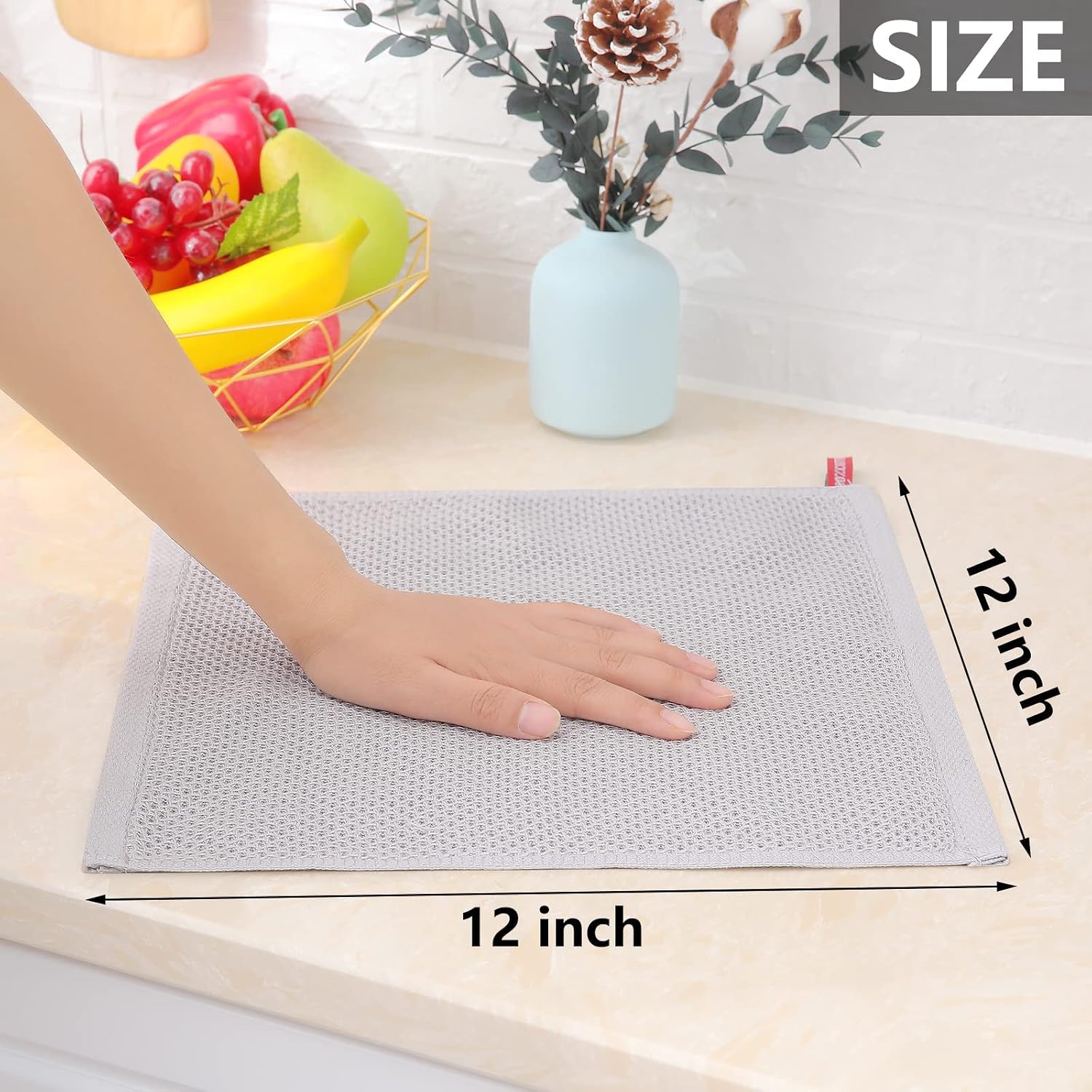 Homaxy 100% Cotton Waffle Weave Kitchen Dish Cloths 12-Pack, Light Gray | 12 x 12 Inches, Ultra Soft Absorbent Dish