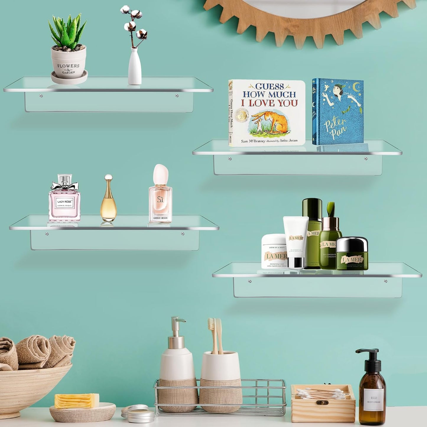 Jansburg 12 Inch L-Shaped Acrylic Floating Shelf Clear Wall Mounted Shelves Invisible 5MM Thick Shelf for Wall Storage